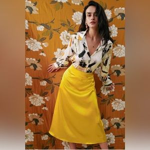 Yellow Satin A-line Midi Skirt